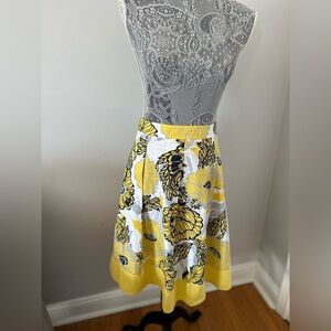 George Tropical Floral Midi Skirt Sz:12 Yellow Navy Gray A-Line Cotton GL288802